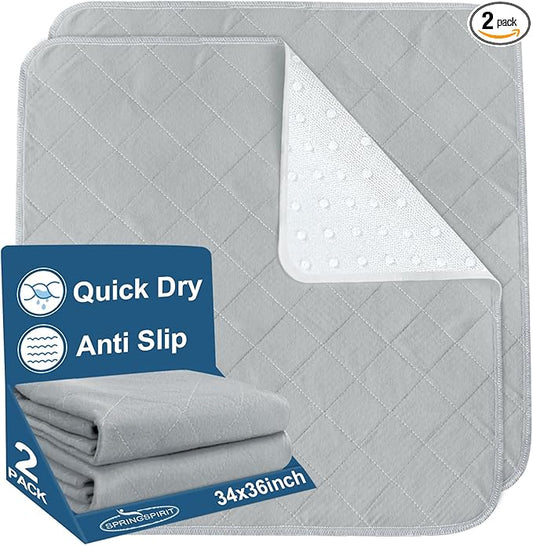 Bed Pads Washable Waterproof(2 Pack, 34 x 36), Washable and Reusable Anti Slip Chuck Pads Incontinence Underpad Sheet Protector for Adults, Elderly, Kids, Toddler and Pets, Grey