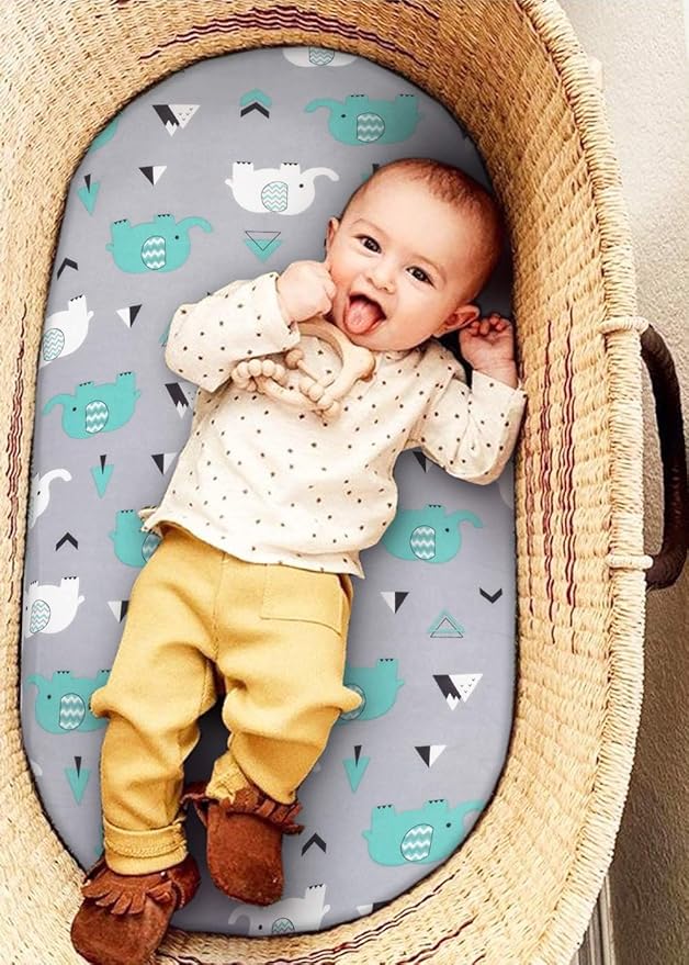 Stretch Fitted Bassinet Sheet Set BROLEX 2 Pack Cradle Sheets for Bassinet Pad/Mattress,Unisex Boys Girls,Ultra Soft,Elephant Whale