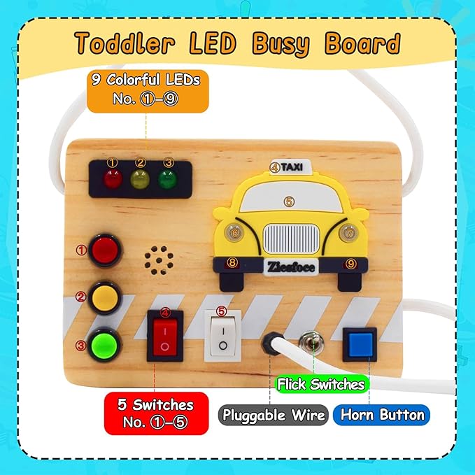 Montessori Busy Board Wooden Sensory Toys with LED Light Up Switch Travel Toys for 1+ Year Old Toddler Baby Boys Girls Gifts (Taxi Theme)