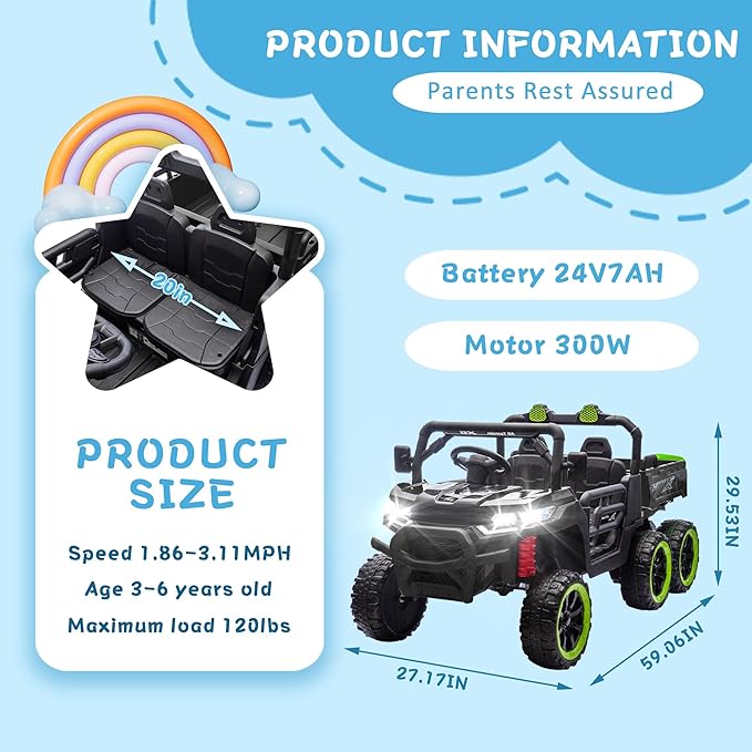 24V 2 Seater 4WD 6x6 Ride On Dump Truck with Remote Control, Ride on Toys for Big Kids with 20inch Seat, 3 Speeds, 4X100 Motors, Music, Ride on Truck for Toddler Boys Girls, Black