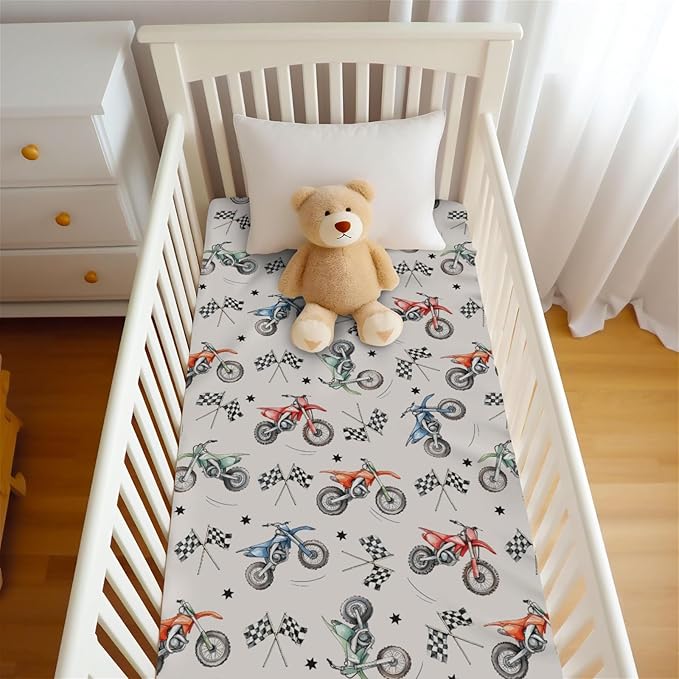 Vintage Motor Dirt Bike Baby Crib Sheet for Boys & Girls 28x52 Inch Cute Race Bikes Plaid Checker Flag Stars Baby Sheet for Standard Crib and Toddler Mattress Toddler Bed Sheet Bike One Size