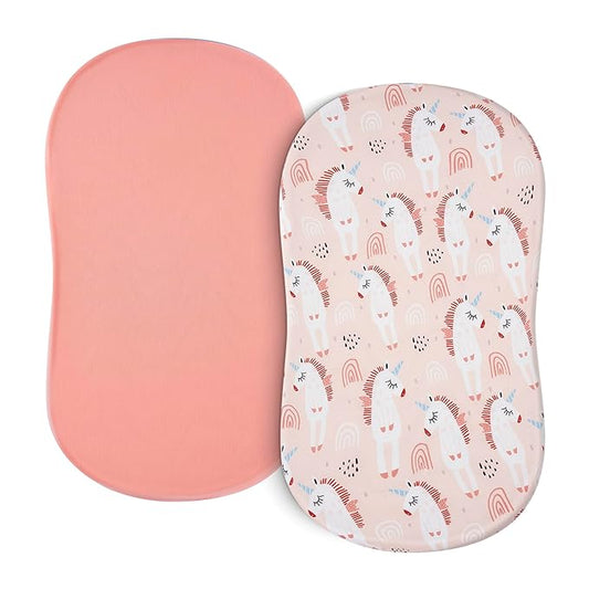 TILLYOU Baby Bassinet Sheets for Girls Boys, Fit for Hourglass Oval Rectangle Bassinet Mattress Sheets, 33”X16”, 2 Pack Unicorn & Meat Powder