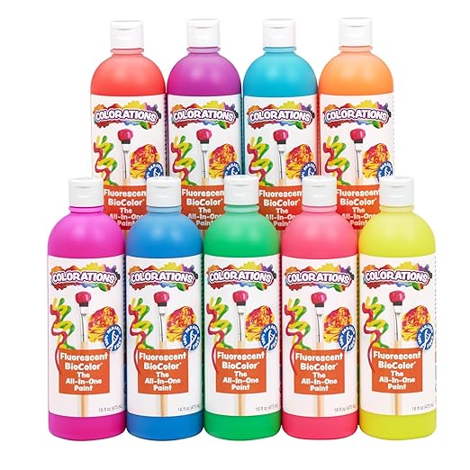 Colorations BioColor Paint, Fluorescent, 16 oz, Set of 9, Washable, Non-Toxic, Kids Paint, School Art Supplies