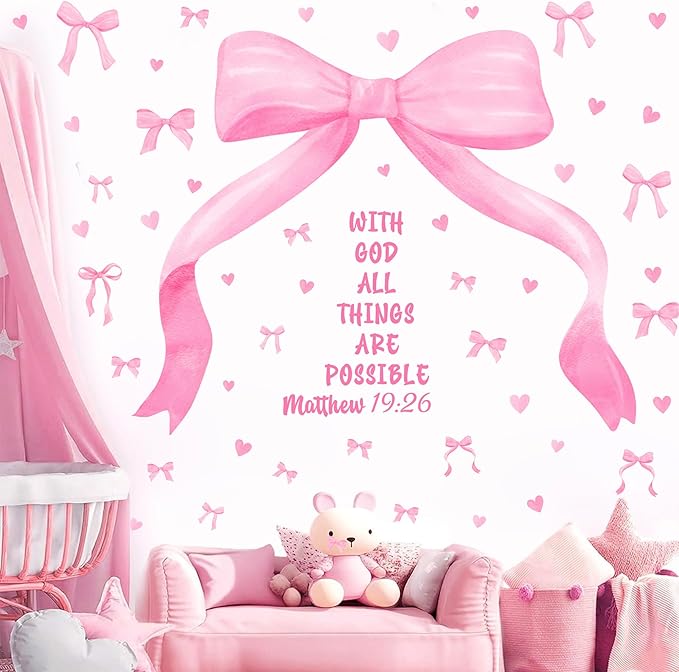 Large Watercolor Girls Room Wall Decals Pink Bow Wall Stickers Peel and Stick Pastel Pink Bow Decor for Baby Room Coquette Sticker Inspirational Quotes Vinyl Decal Art Mural for Nursery Kids Playroom