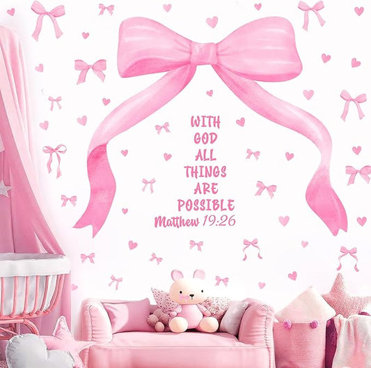 Large Watercolor Girls Room Wall Decals Pink Bow Wall Stickers Peel and Stick Pastel Pink Bow Decor for Baby Room Coquette Sticker Inspirational Quotes Vinyl Decal Art Mural for Nursery Kids Playroom