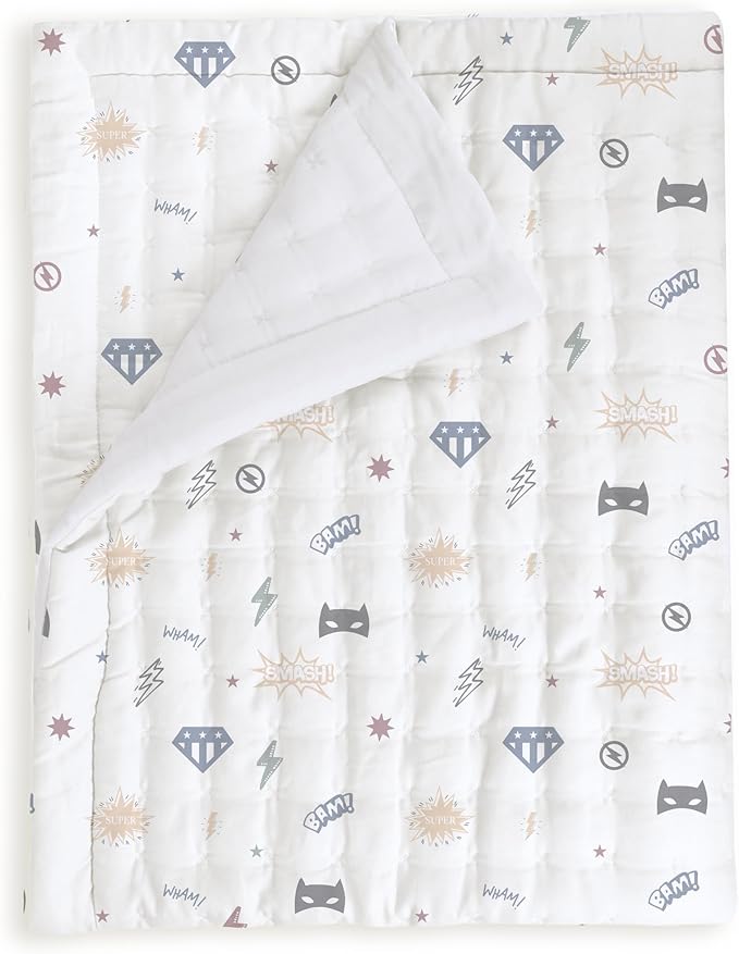 MakeMake Organics Organic Toddler Comforter GOTS Certified Organic Kids Blanket Cotton Infill Tufted - Reversible Ultra Soft Breathable Boys Girls Superheros(44"x60", Mighty Heros)