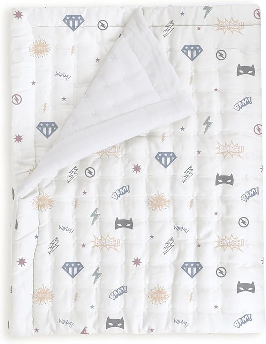 MakeMake Organics Organic Toddler Comforter GOTS Certified Organic Kids Blanket Cotton Infill Tufted - Reversible Ultra Soft Breathable Boys Girls Superheros(44"x60", Mighty Heros)