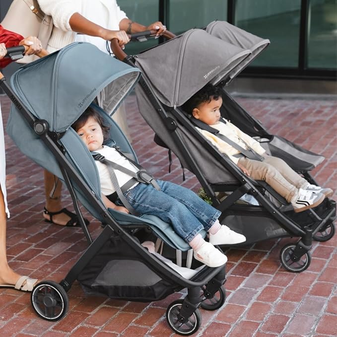 UPPAbaby Minu Duo Side-by-Side Double Stroller - Lightweight + Compact Design for Travel - Easy Fold- from Birth to Toddler - Independent Recline - Jake (Charcoal/Carbon Frame/Black Leather)