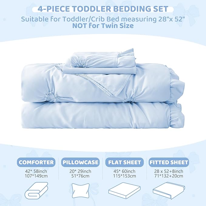 Wowelife Boho Tufted Toddler Bedding Set for Girls, 4 Pcs Ruffle Floral Crib Bed Sheets Set, Jacquard Embroidery Toddler Comforter Set Includes Comforter, Fitted Sheet, Top Sheet and Pillowcase, Blue