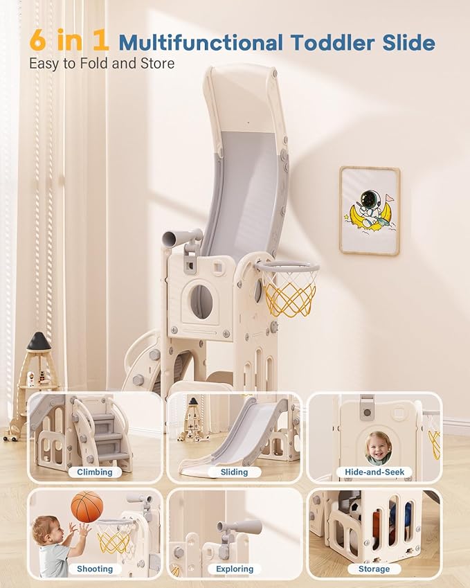 Babytronic Toddler Slide, 6 in 1 Kids Indoor Slide for Toddlers 1-3, Baby Indoor and Outdoor Climber Playset, Kids Slide with Basketball Hoop and Telescope, Toddler Outdoor Playground(White&Gray)