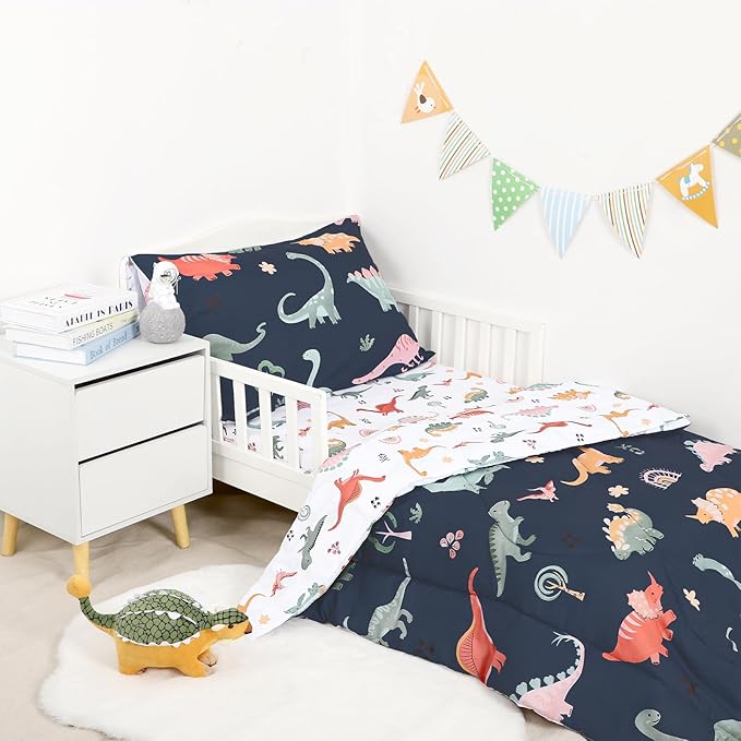 Toddler Bedding Set for Boys, 4 Piece Toddler Boy Bedding, Super Soft Crib Comforter Set Includes Comforter, Flat Sheet, Fitted Sheet, Pillowcase (Blue Dinosaur)