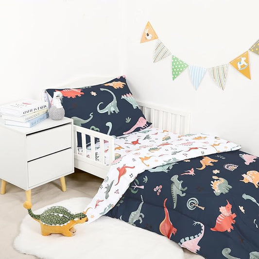 Toddler Bedding Set for Boys, 4 Piece Toddler Boy Bedding, Super Soft Crib Comforter Set Includes Comforter, Flat Sheet, Fitted Sheet, Pillowcase (Blue Dinosaur)