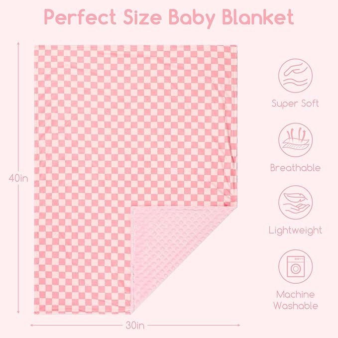 Baby Blankets for Girls, Toddler Newborn Blanket Double Layer with Dotted Backing Crib Receiving Blanket for Toddler Nursery Bed Blanket, Pink Checkered, 30x40 Inches