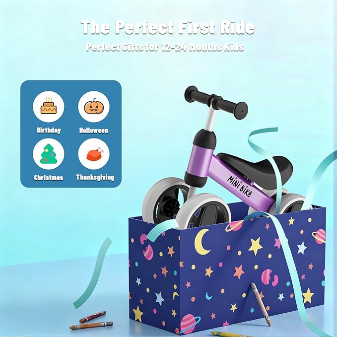 SIMATE Balance Bike Toys for 1 Year Old Boys Girls, 12-24 Month Toddler Ride on Toys, 4 Silent Wheels & Soft Seat, First Birthday Gifts for Baby Girls Boys