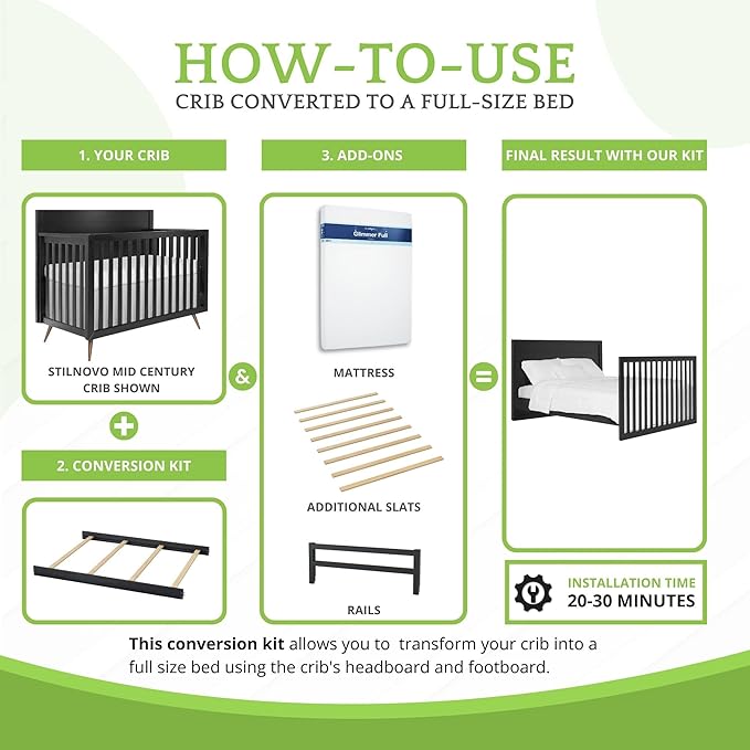 Full-Size Conversion Kit Bed Rails for Evolur Cribs - Solid Wood Crib Convertible Kit to Kids Bed - Transitional Style Rails & Easy-to-Install Child Essentials for Safety (Onyx Black)