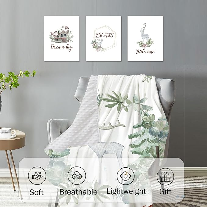 Custom Crib Bedding Set – Personalized Name Fawn Baby Bedding 5-Piece Set with Soft Blanket, Fitted Sheet, Changing Pad Cover, Rug and Wall Art – Sweet Woodland Theme Nursery Decor for Boys Girls