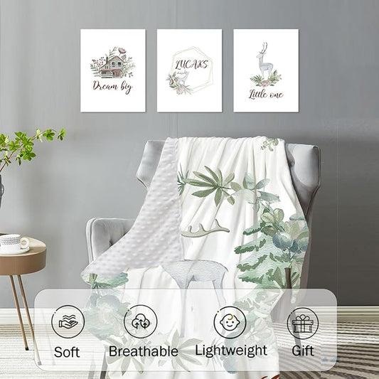 Custom Crib Bedding Set – Personalized Name Fawn Baby Bedding 5-Piece Set with Soft Blanket, Fitted Sheet, Changing Pad Cover, Rug and Wall Art – Sweet Woodland Theme Nursery Decor for Boys Girls