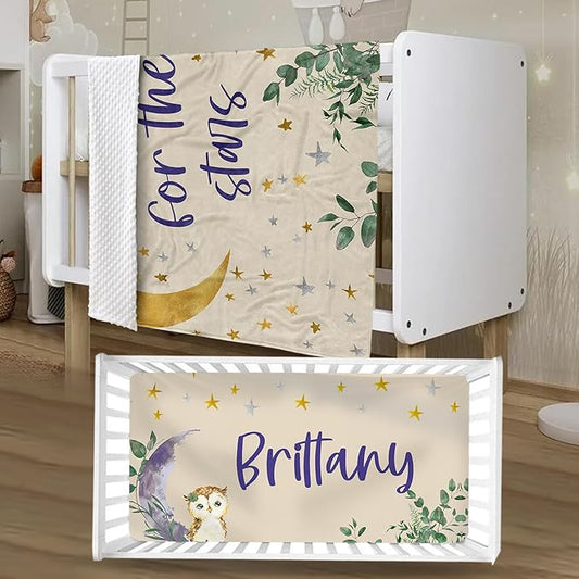 Personalized Crib Bedding Set for Boys Girls, Custom Baby Crib Sets with Name, Purple Owl Design Nursery Bedding 2 Piece - Soft Blanket with Double Layer Dotted Backing, Crib Fitted Sheet