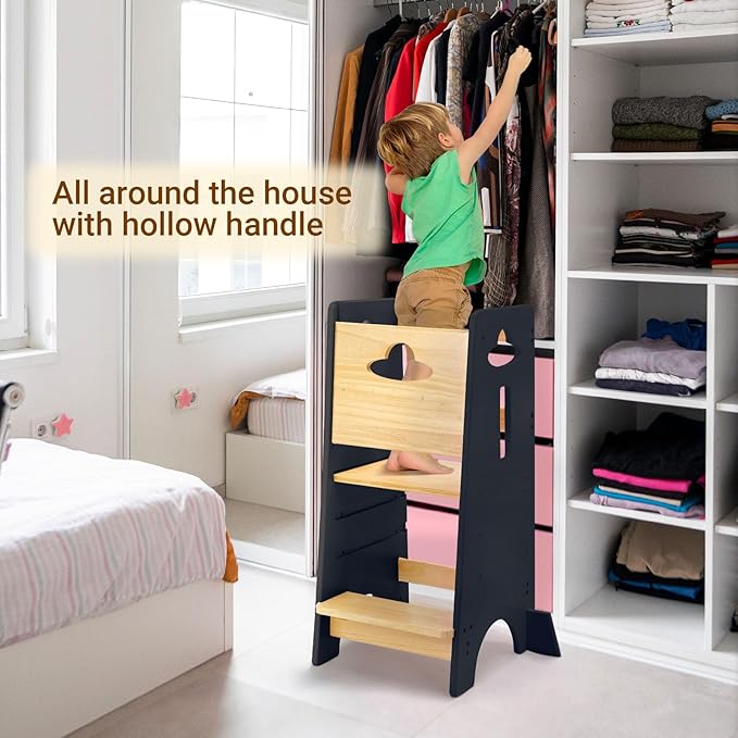 COSYLAND Toddler Standing Tower Adjustable Height - Super Stable Toddler Kitchen Stool Helper with Protive Panel - 3 Levels Adjustable Wooden Kitchen Stool for Kids (Natural & Dark Gray)