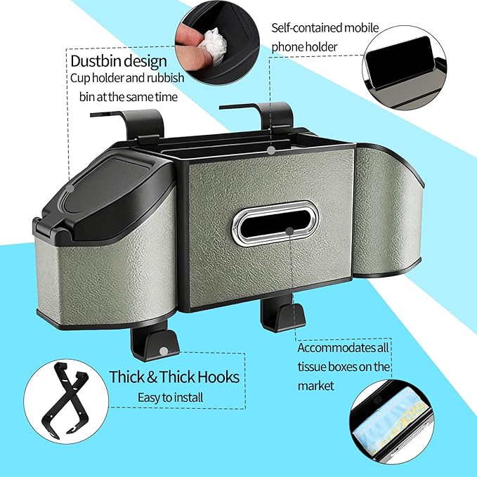 Oivjckx 7-In-1 Multifunctional Car Seat Back Organizer with Cup Holders, Tissue Box, Garbage Can & Hooks, Headrest Storage & Cup Holder for Backseat (Grey)