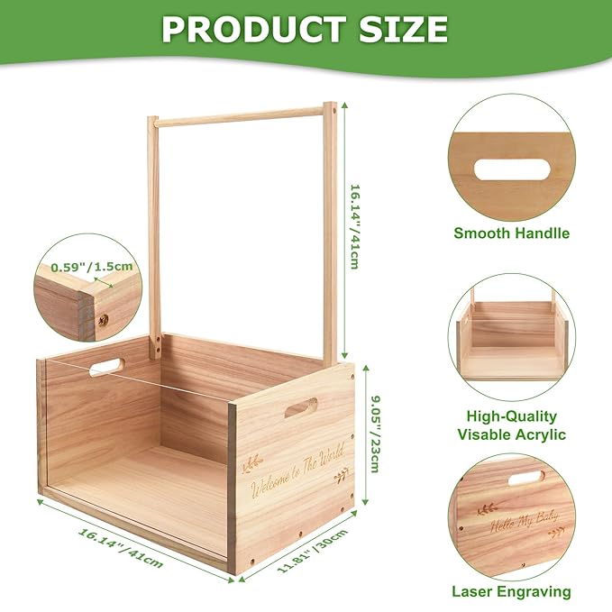 PIIOSER Baby Shower Crate Closet, Multifunctional Wooden & Acrylic Visible Baby Storage Box with Handle, Newborn Welcome Baby Toy Baskets for Boys Girls, Pregnancy Gifts for New Moms(Beige)