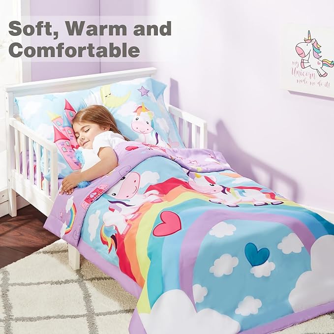 EVERYDAY KIDS 4 Piece Toddler Bedding Set - Unicorn Dreams - Includes Comforter, Flat Sheet, Fitted Sheet and Reversible Pillowcase