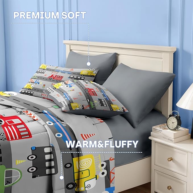 Nesker 4 Pcs Comforter Set Toddler Size, Car Bus Truck Bedding for Kids Teen, Tree Constrution Road Bed Sheet with Pillowcase & Sham