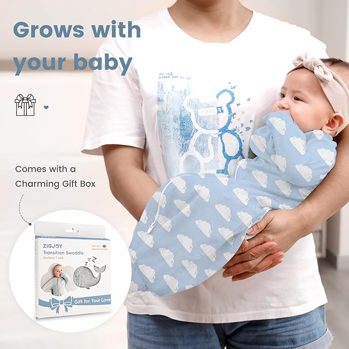 ZIGJOY Baby Transitional Swaddles for Newborns: 0.5 Tog Arms Up Sleep Sack 3-6-12 Months Soft Cotton Shark Fin 2 Way Zipper