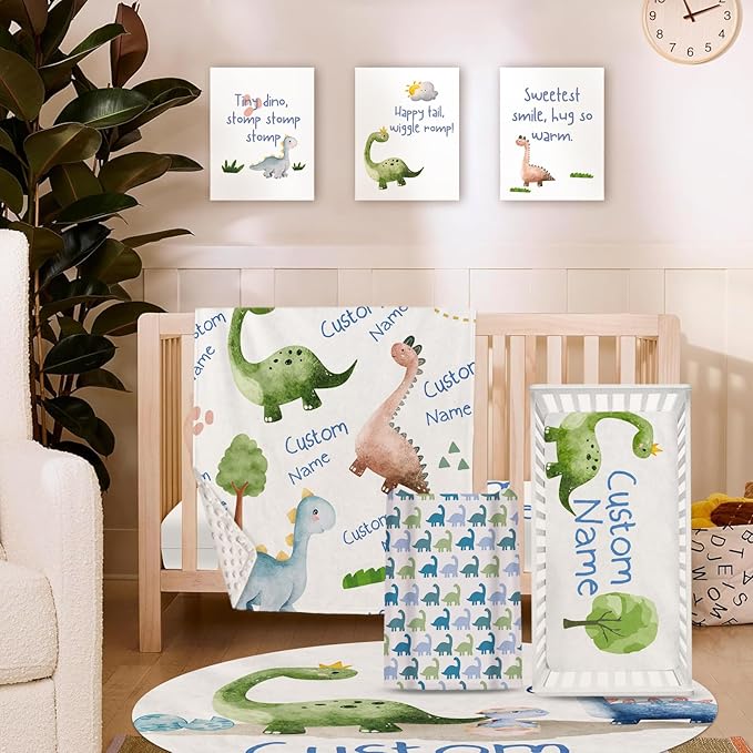 Custom Crib Bedding Set – Personalized Dinosaur Baby Bedding 5-Piece Set with Soft Blanket, Fitted Sheet, Changing Pad Cover, Rug and Wall Art – Fun Dino Nursery Gift for Boys Girls