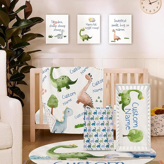 Custom Crib Bedding Set – Personalized Dinosaur Baby Bedding 5-Piece Set with Soft Blanket, Fitted Sheet, Changing Pad Cover, Rug and Wall Art – Fun Dino Nursery Gift for Boys Girls