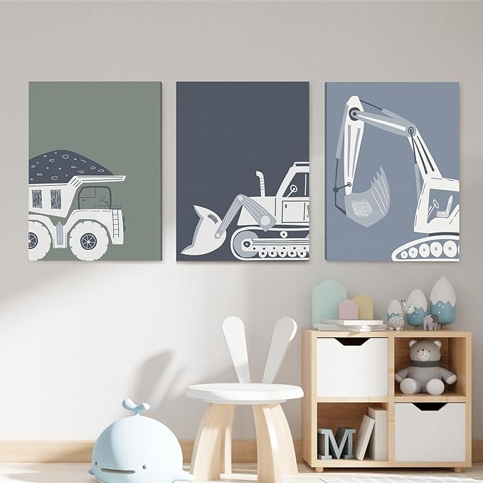 Construction Truck Kids Room Wall Art Deco Bulldozer Pictures Tractor Vehicle Poster Dump Truck Wall Art Boy Room Canvas Wall Decoration Baby Room Print Boy Bedroom 12x16 Inch 3 Piece Wrap Canvas
