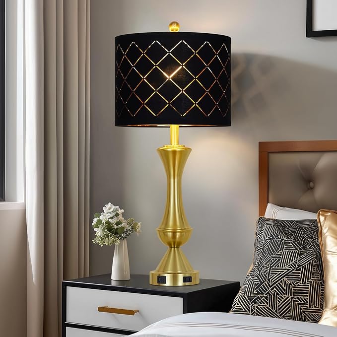 luxeflow 29" Gold Modern Table Lamps Set of 2, 3-Way Dimmable Touch Lamps for Nightstand with USB A+C & Outlets,Brass Lamps for Living Room, Bedroom, Nightstand, Entryway(2 Bulbs Included)