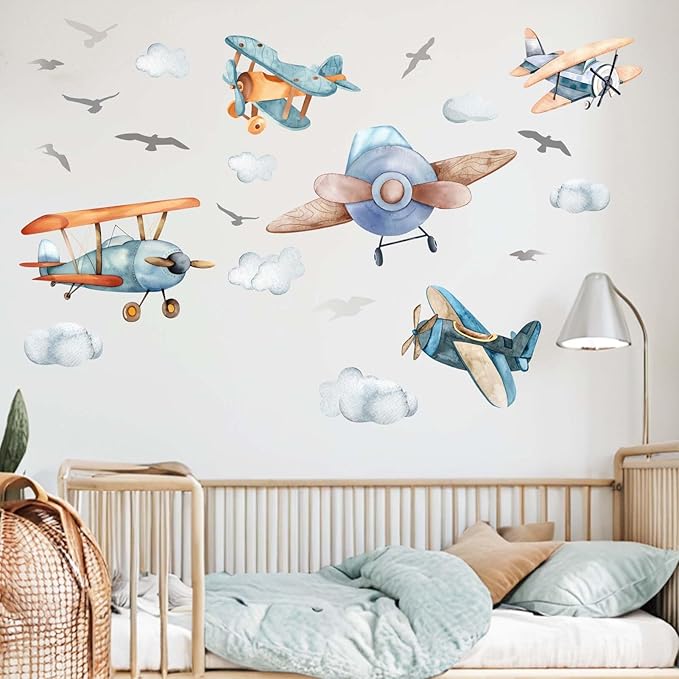 Amimagen Airplane Wall Stickers - Aircrafts Wall Decals - Kids Baby Boys Nursery Children Daycare Bedroom Playroom Wall Decor