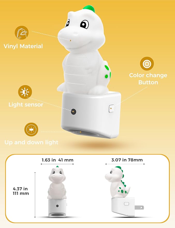 L LOHAS LED Night Light for Kids, 3D Dinosaur Night Light Plug in, Dusk to Dawn Nursery Night Lights, RGB+Soft White 3000K, 3 Lighting Modes, Room Decor, Children