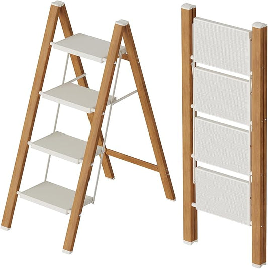Mayi Plus 4 Step Lightweight Aluminum Folding Ladder, Portable Step Stool with Anti-Slip Pedals, 330 lbs Capacity for Home, Office, Kitchen（White&Woodgrain）