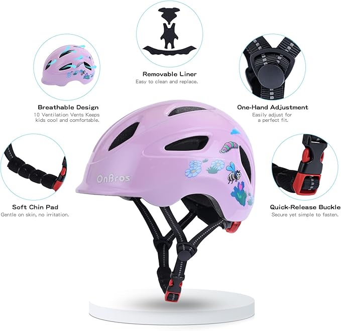 Kids Bike Helmet, OnBros Kid Bicycle Helmet for Girls and Boys with Light Lightweight Kids Helmets Certified Toddler Helmets for Kids 3-5-8-10 Age (46-50-55 cm)