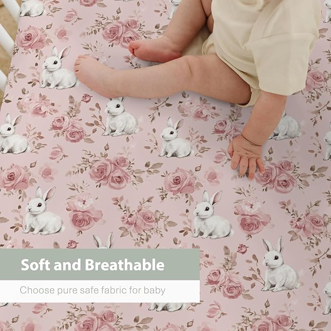 Spring Bunnies Pink Roses Baby Crib Sheets for Boy Girl 52x28Inch Cute Rabbits Flowers Soft Snug Fitted Crib Mattress Cover Spring Garden Baby Sheet for Standard Crib and Toddler Bed Mattress