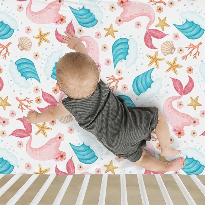 Mermaids Tails Baby Crib Sheets for Boy Girl 52x28Inch Fairytale Fish Floral Waves Starfish Conch Soft Snug Fitted Crib Mattress Cover Summer Beach Baby Sheet for Standard Crib & Toddler Bed Mattress