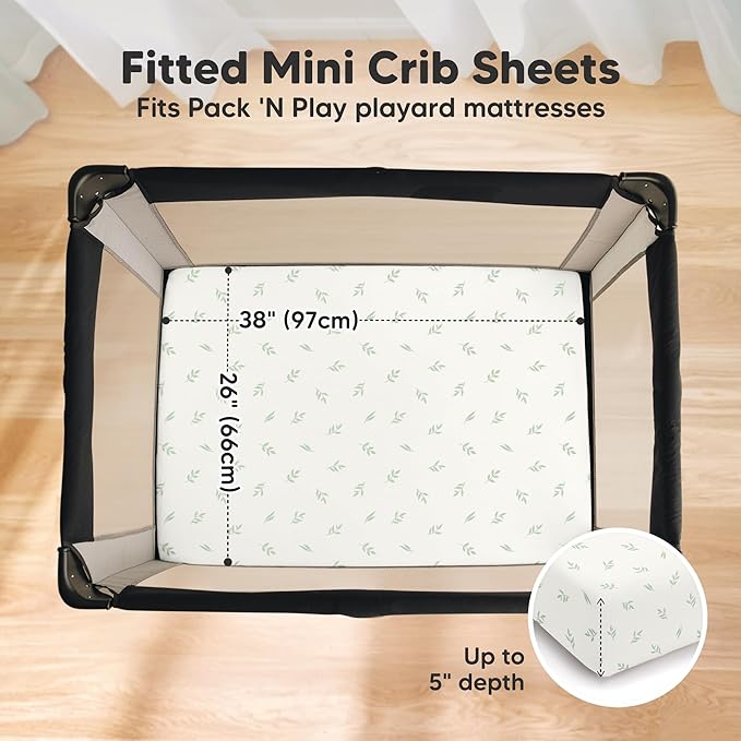 2 Pack and Play Sheets, Waterproof Mini Crib Sheets Fitted - 38x26 Organic Cotton Pack N Play Sheets for Graco Pack and Play Mattress, Playard Baby Crib Sheets, Neutral for Boy, Girl, Toddler (Herb)