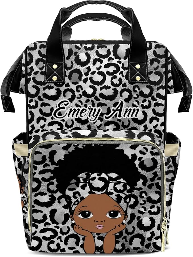 Personalized Black Silver Leopard Girl Custom with Name Diaper Bag Backpack For Baby Boy Girl Dad Mom Unisex for Adult Daypack Holiday Gift