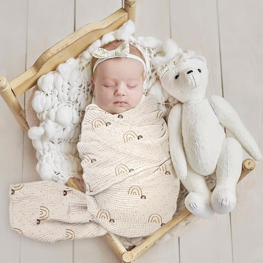 lulumoon Baby Muslin Swaddle Blankets: Soft Receiving Blanket for Newborn - Cotton Swaddling Blanket for Neutral 3Pack(Rainbow Khaiki)