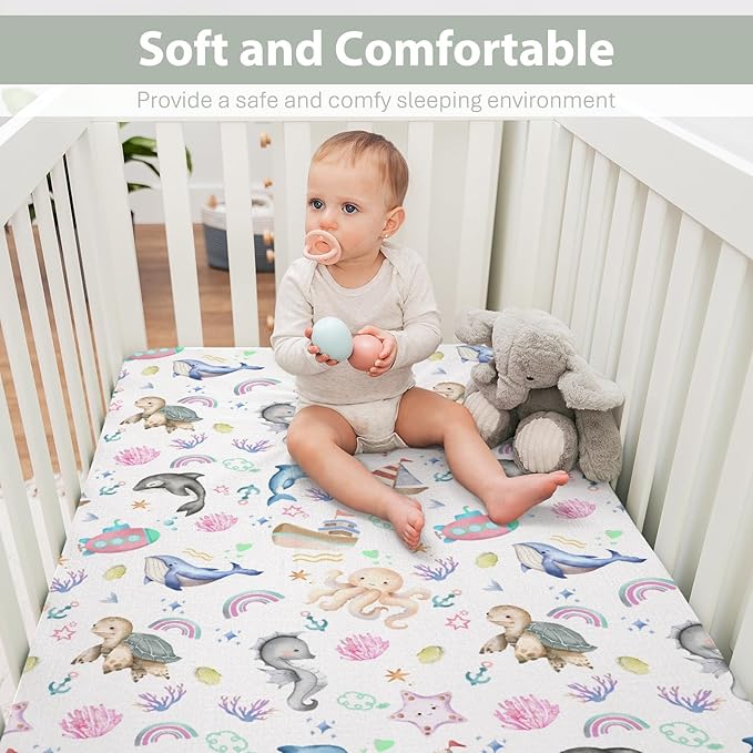Colorful Ocean Animals Baby Crib Sheets for Boy Girl 52x28Inch Sea Horse Turtle Whale Rainbow Corals Soft Snug Fitted Crib Mattress Cover Marine Life Baby Sheet for Standard Crib & Toddler Mattress