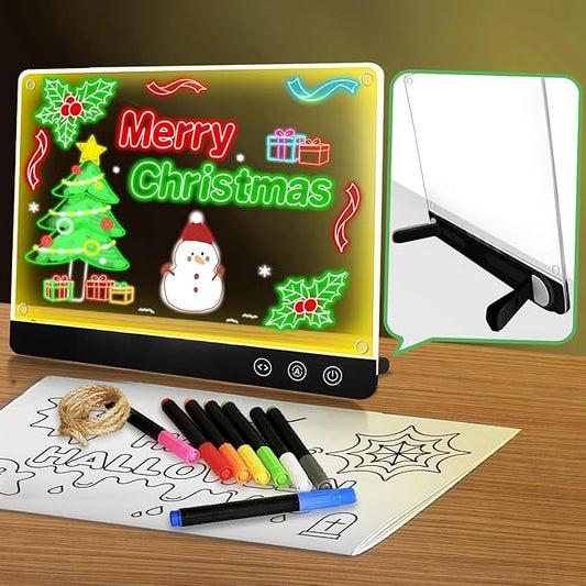LED Magnetic Note Board with Colors, 11.8"X15.7" 4 Modes & 7 Colors Acrylic Dry Erase Board with Light, Include Hanging Chain, Led Drawing Board for Kids with Stand, Soft Cloth, 8 Markers
