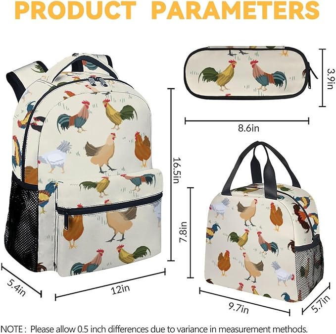 COOPASIA Chicken Backpack with Lunch Box and Pencil Case, 16 Inch Chicken Theme Bookbag with Adjustable Straps, Durable, Lightweight, Large Capacity, School Backpack for Girls Women