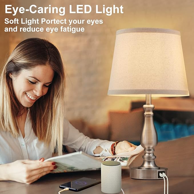 EJIAXIN Lamps for Bedrooms Set of 2, Brushed Nickel Bedside Lamps with USB C+A Ports,Dimmable Nightstand Lamps with Fabric Lampshade, Touch Table Lamp for Living Room Bedroom Office, Bulbs Included