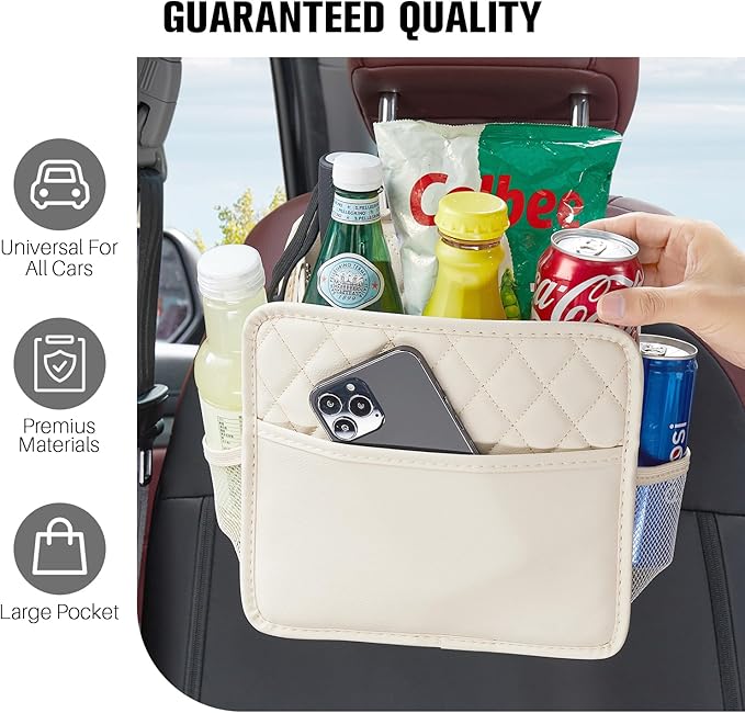 LXUNYI Car Seat Organizer,2 Pack Waterproof Pu Leather Backseat Car Organizer and Storage Bag Foldable Universal Hanging Car Seat Back Organizers for Kids & Adults (Beige 2Pack)