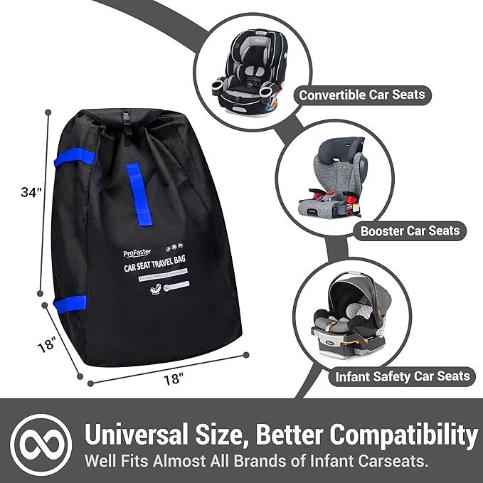 ProFaster Car Seat Travel Bag Backpack for Air Travel - Karfast Universal Infant Carseat Gate Check Bag Cover for Airplane, Foldable with Pouch, Blue