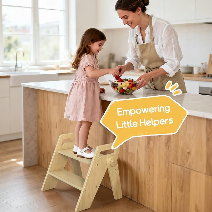 HOMEKOL Toddler Kids Step Stool: Wooden 2 Step Stool for Bathroom Sink, Foldable, Natural Wood Color
