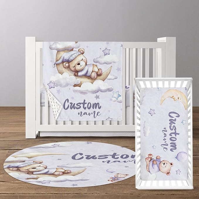 Custom Baby Crib Bedding Set, Personalized Name Moon Bear Design Crib Set 3 Pcs, Soft Double Layer Blanket, Crib Sheet & Room Rug, Ideal Nursery Decor Gift for Baby Girls Boys