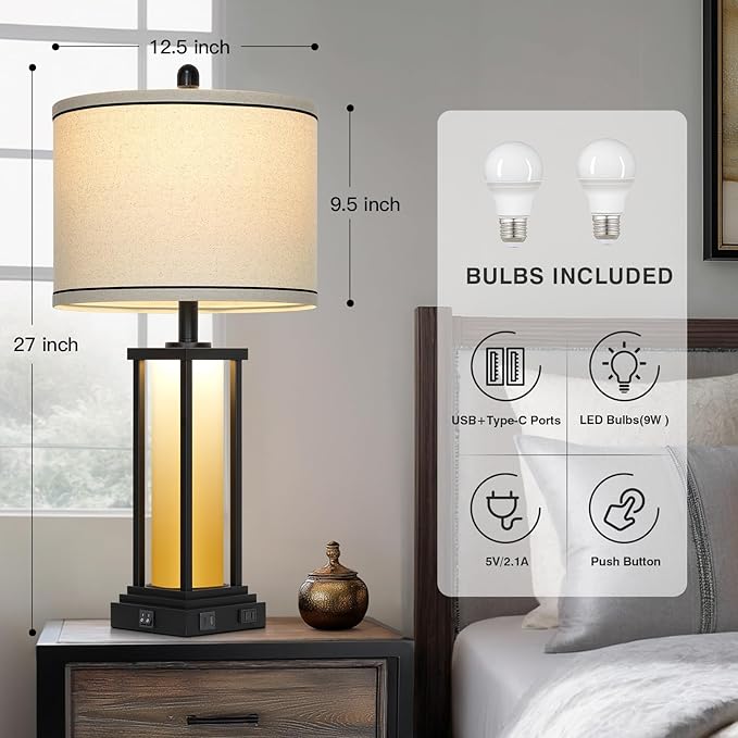 Cinkeda 27" Tall Vintage Table Lamp Set of 2 with USB C+A & Outlet,Farmhouse Nightstand Lamp for Living Room,Rustic Retro Bedside Lamps with Red-Orange Glass Night Light for Bedroom Entryway,Black-2